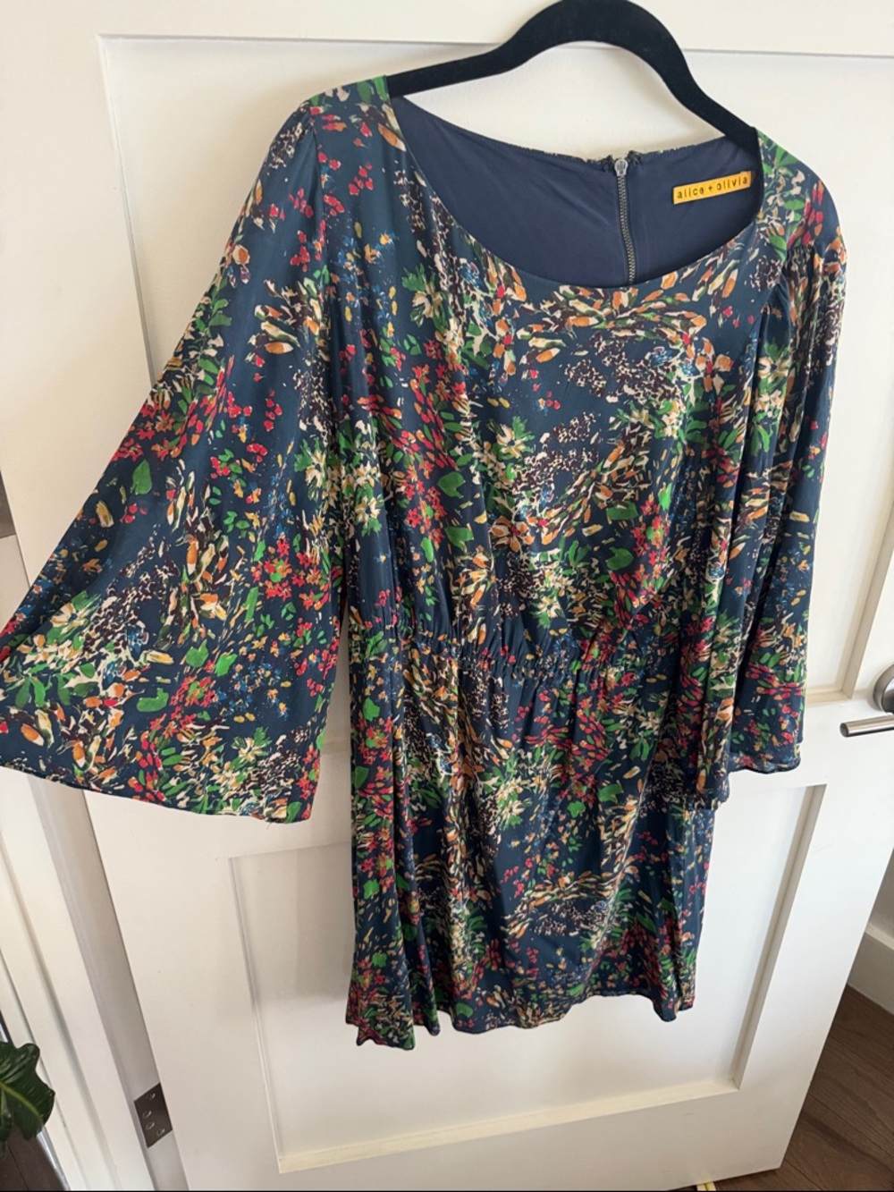 Alice + Olivia Navy Floral Bell-Sleeve Dress with Multicolor Print